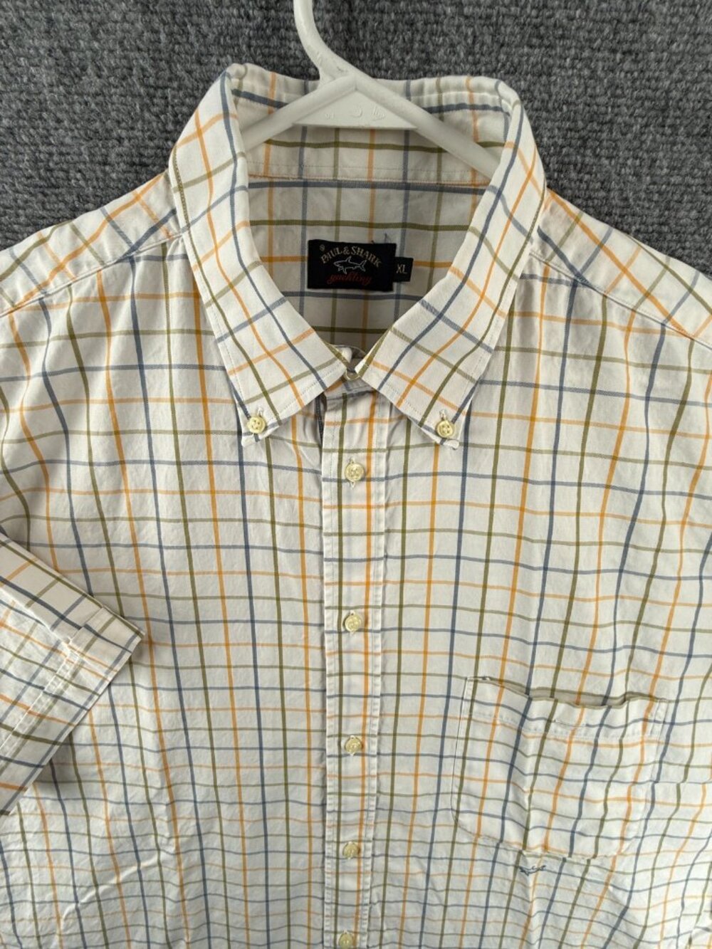 Paul & Shark Blue Yellow Check XL Short Sleeve Button-Down Nautical Pocket Men
